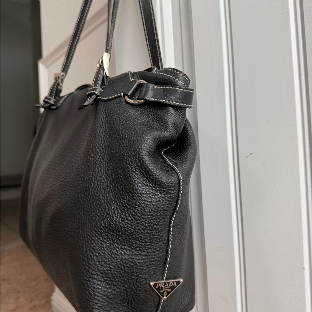 Prada Black Pebbled Leather Shoulder Bag with White Contrast Stitching